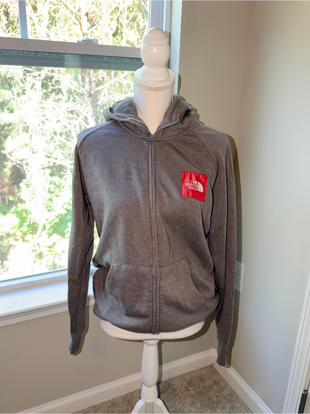 The North Face Gray Zip Hoodie with Red Logo Patch